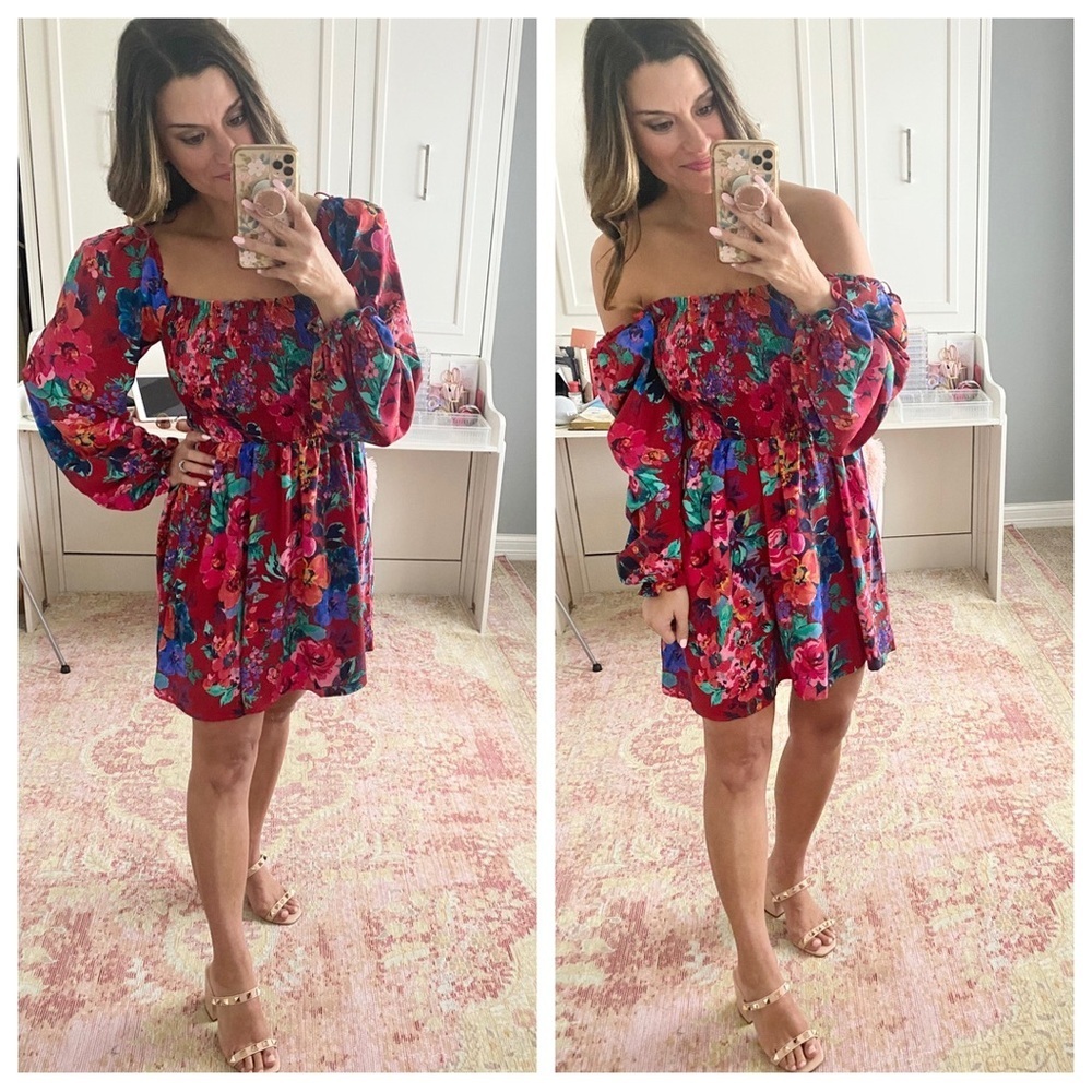 REVOLVE Charles Henry Floral Print Smocked Long Sleeve Mini Dress in Burgundy L